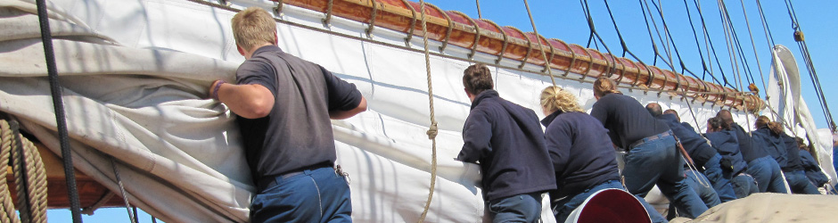 Bluenose II crew working the sails Bluenose II crew working the sails