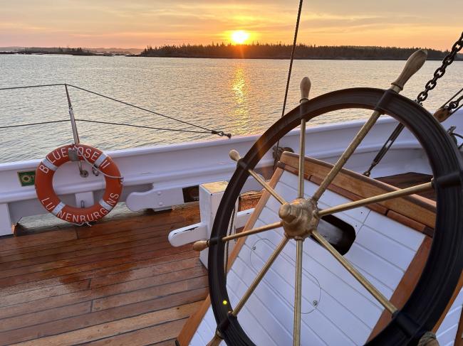 The view from Bluenose II while anchored in the LaHave Islands at sunset. 